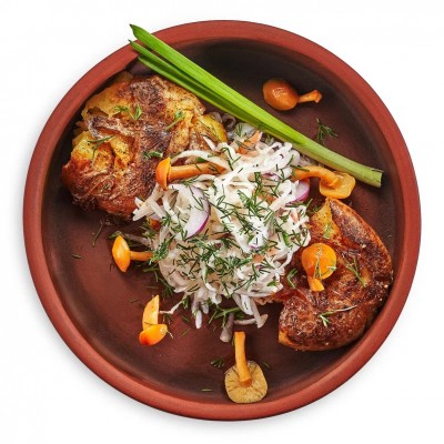 Запеченный картофель с опятами и квашенной капустой 