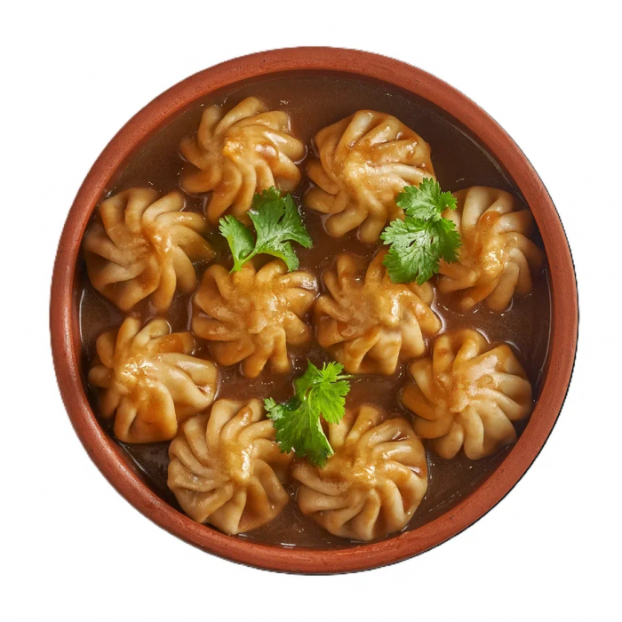 Мини-хинкали с говядиной в соусе демиглас